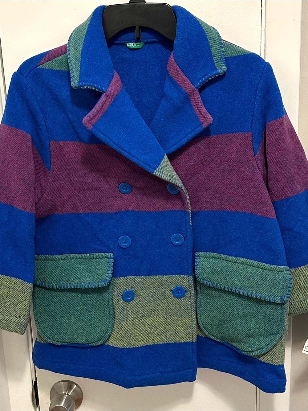 United Colors of Benetton Color block Wool Kids Pea Coat M 7-8 blue green Italy